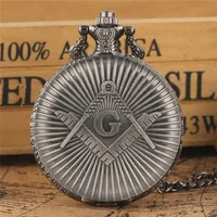 Big G masonry Masonic Pattern Pocket Watch Antique Vintage Silver Gray Quartz Clock Pendant Necklace Chain Gifts261F