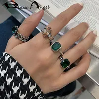 Cluster Rings BLACK ANGEL Vintage Green 925 Sterling Silver Zircon Open Ring For Women Link Chain Weave INS Fashion Jewelry Accessories