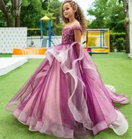 Girl Dresses Elegant Purple Ball Gown Flower Girls For Wedding 2023 Princess Tulle Ruffles Floral Appliques First Communion