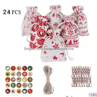 Gift Wrap 24Pcs X Dstring Bags Digital Stickers Clips 1Pc 10M Twine Christmas Burlap With Linen Pouches Lightweight Storage Packs Dr Dhh85