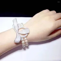 Bangle Handmade Natural 2 Row 8-9mm Freshwater White Pearl Bracelet Micro Inlay Zircon Bowknot Accessories Clasp 20cm