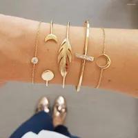 Bangle 4 Pcs set Fashion Crystal Leaves Bracelets Multilayer Set For Women 2023 Charm Geometric Sun Moon Feather Jewelry Gifts