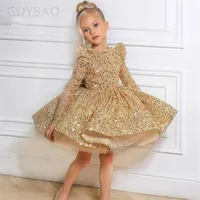 Girl Dresses Long Sleeves Gold Sequin Flower Puffy Pageant Gown Big Bow Baby Birthday Party