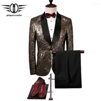 Men's Suits Plyesxale Men Suit 2023 Slim Fit Black Gold Tuxedo Jacket Mens Stage Wear 4XL Fashion Designer Prom Q298