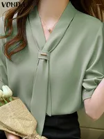 Women's Blouses VONDA Summer Tops 2023 Fashion Women Casual Short Sleeve Chiffon Blouse Tie Shirts Loose Solid Color Tunic Blusas Femininas