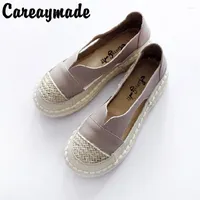 Sandals Careaymade- Pure Handmade Women's Skin Hollowed Out Round Head Real Leather Flat Shoes Straw 4colors
