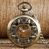 Steampunk Bronze Hollow Out Cute Little Goldfish Cover Handwind Mechanical Pocket Watch FOB Skeleton Clock Pendant Chain to Men Wo268e