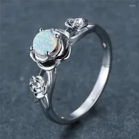 Wedding Rings Blue White Opal Round Stone Ring Charm Gold Silver Color Elegant Female Rose Flower Engagement For Women Gift