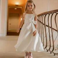 Girl Dresses Simple Flowrer Girls Ivory Bow Belt Scoop Neck Ball Gowns For Toddler Birthday Clothes Children Satin Summer Dress
