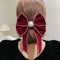Red Butterfly Bow Hairpin Velvet Pearl Large Spring Clip Korean Ribbon Hair Ornament Satin Hair Clips for Girl