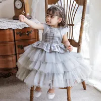 Girl Dresses Elegant Dress Sequins 2023 Fashion Grey Lace Party Tulle Tutu Flower Princess Wedding Gowns Baby