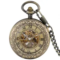 Bronze Vintage Pocket Watch Roman Numerals Skeleton Automatic Mechanical Watches Men Women Self-winding Clock FOB Pendant Chain2341