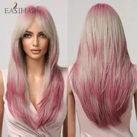 Synthetische Perücken Easihair Ombre Gray Blonde Pink mit Pony Long gerace geschichteten Cosplay Lolita Haarperücke für Frauen Hitzeresistent 230131