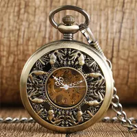 Steampunk Bronze Hollow Out Cute Little Goldfish Cover Handwind Mechanical Pocket Watch FOB Skeleton Clock Pendant Chain to Men Wo283G