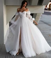 Off Shoulder Lace Wedding Dress Vintage Long Sleeve A Line Ivory Tulle ...