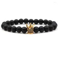 Strand Micro Pave Black CZ Zirconia Gold-Color King Crown Bracelet Men Dull Polish Matte Stone Bead Bracelets For Women Jewelry
