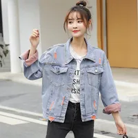 Women's Jackets SexeMara Fashion The Loose Frayed By Hand Color Wash Denim Jacket