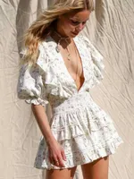 Lässige Kleider Boho inspiriert 2023 Frühlings Sommer Blumen gekräuseltes Ärmelkleid Frauen V-Neck Plissee sexy Mini Party Damen Damen