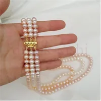 Beaded Necklaces 3Rows Glamorous South Sea White Pink Purple 7-8mm Pearl Necklace 14K Gold P Clasp