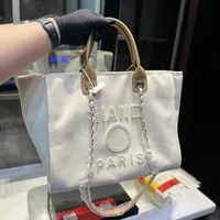 Pearl Letter Shopping Väskor Kvinnor stor kapacitet handväskor totes lyxiga mode axelväska duk sommarstrandsäck