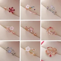 Moda kryształowe pierścionki cyrkonu słodkie kwiat liści motyl Regulowane otwarte pierścienie żeńskie weselne zaręczynowe prezent biżuterii