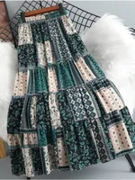 Jupes Surmiitro midi longues plissées femmes printemps été verte kaki bohème imprime élégant une ligne haute taille femelle 230302