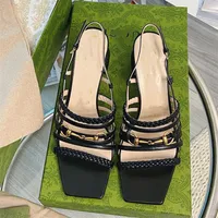 High heeled sandals women&#039;s head woven single shoes summer leather fashion one line with thick heel open toe horse buckle2343