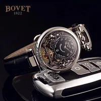 Bovet Swiss Quartz Mens Watch Amadeo Fleurier Steel Sceleton Black Dial Watch Watch Black Leather steam Watches Cheap TimezoneWat214H