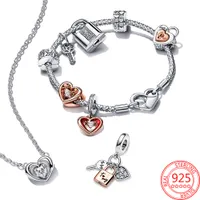 The New Popular S925 Sterling Silver Two -color Key Sliding Heart Suspension Charm Is Suitable for Pandora Bracelet Necklace Necklace Girl Valentine&#039;s Jewelry Gift