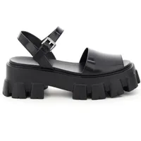 Women Brushed Leather Sandals Monolith Designer Lady Ankle Strap Metal Buckle Tread Rubber Sole Platform Heel Slide303S