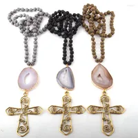Подвесные ожерелья мода богемные ювелирные украшения лава камень с длинной завязкой большие свисы крест