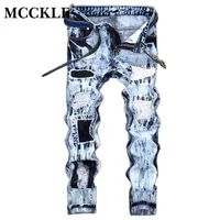 Whole- MCCKLE Embroidery Light Blue Mens Fashion Jeans Pants Distressed Denim Motorcycle Pants Streetwear Patch Man Jeans233W