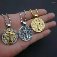 Pendant Necklaces Stainless Steel Catholic Patron Saint St Benedict Of Nursia Holy Medal Round Necklace For Men Jewelry Drop