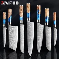 Xituo Kitchen Knives-Set Damascus Steel VG10 Chef Knife Cleaver Paring Bread Knife Blue Harts and Color Wood Handle Cooking Tool300R