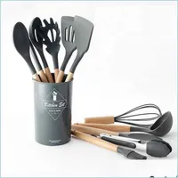 أواني الطهي 9/11/12PCS SELE Set Set Nonstick Spata Shovel Wooden Handle Tools with Storage Box Kitchen Dropress Droviour Garden DIN DHCVD