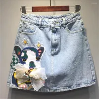 Kjolar sommar denim kjol kvinnor broderade hög midja hund lapp jeans mini a-line