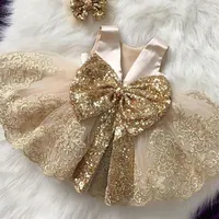 2021 Glansende gouden SWequind Princess Infant Toddler First Holy Communion Flower Girl Dresses Lace Bowknot Little Girl Pageant Ball Go281H