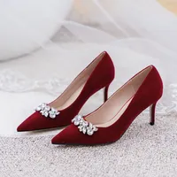 Dress Shoes Big Size 34-43 Wine Red Wedding Women Chic Crystal Pumps Woman Stiletto High Heel Diamond Flock Talons 2023