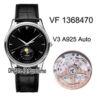 Новый VF V3 Master Ultra Thin Thin Moon 1368470 Стальный черный циферблат JLC A925 Автоматические мужские часы кожа Правильная фаза луна 3506
