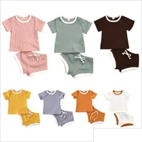 Kleidungssets Baby Designs Säuglingsmädchen Solid Tops Shorts Outfits Plain Striped Short Sleeve T -Shirts Anzüge Kinder Sommer -Outfit Bo dhtj3