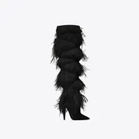 2020 Womens Fringed Thigh High Boots Feather otorcycle Boots Botas Mujer Solid Ladies High-heeled Pumps228C