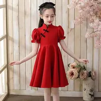 Девушка платья лето Qipao Princess Red Cotton Cotton Style Kids Cheongsam Платье для девочек детская одежда 7 8 9 11 лет.