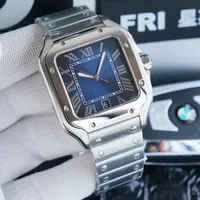Mens Silver Case Luxe horloges Mechanische heren Bekijk blauwe wijzerplaat zelfopwindende 40 mm vierkante roestvrijstalen metalen metalen band casual horloges sportklok Montre de luxe