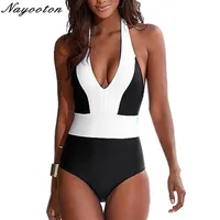 2019 Push Up New One Piece Swimwear Women Sexy Halter Sell Beach Brazilian Swimsuit 흑백 패치 워크 목욕복 210h