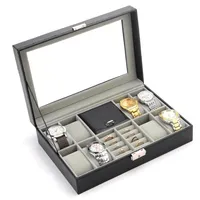 Fashion Black Leather 8 Grids Box Boîte Bague Watch Organizer Jewelry Display Collection Rangement Boîtier avec couverture en verre 229Y