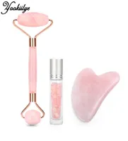PinkGreen Natural Rose Quartz Jade Roller Gua Sha Board Massager Face Lifting Tool Facial Guasha Massage Gemstone Bottle Kit C0225341629