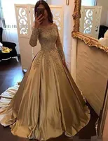 Prom Party Gown New Evening Dresses Formal Girls Pageant A Line Bateau Long Sleeve Satin Beaded Applique Plus Size Custom Lace Up Ball Gown