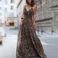 Повседневные платья мода бохо леопардовый печать в длинные платья Женщины сексуальные без рукавов.