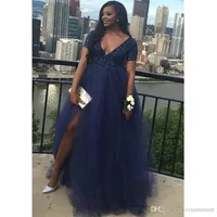 Africain Black Girls Prom Dress Navy Blue Split Long Formean Pageant Holidays Wear Graduation Evening Party Robe Plus Size187m