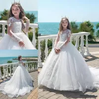 Vintage Sheer Jewel Lace Appliques Tulle First Communion Dress Ball Gown Long Sleeve Flower Girl Dresses With Pearls BA8393